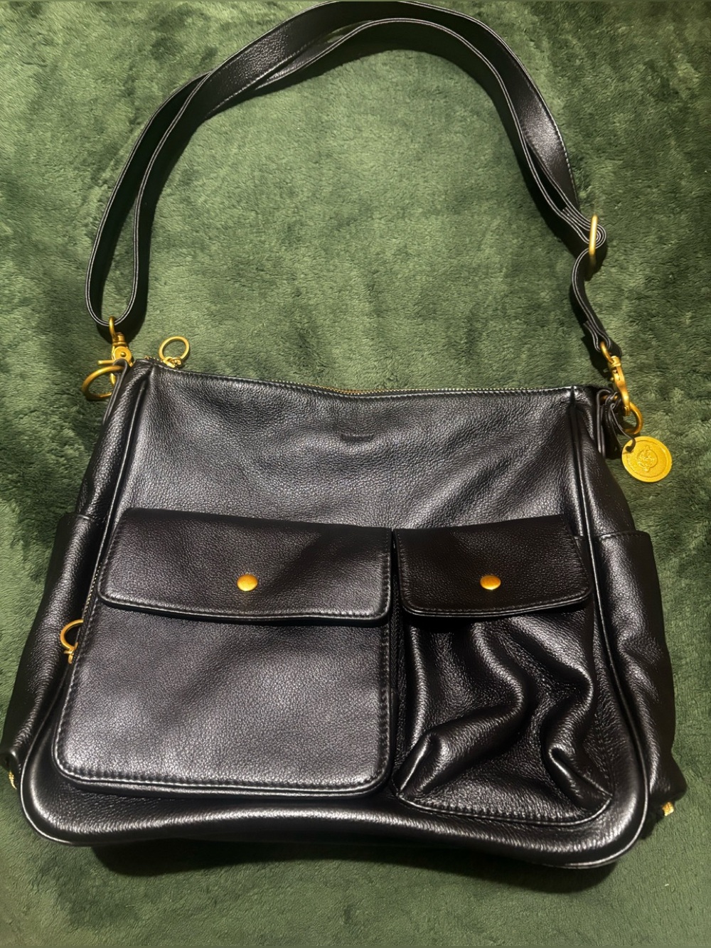 Minooy Hera Crossbody Tote Leather Bag Black Gold Hardware Multiple Pockets